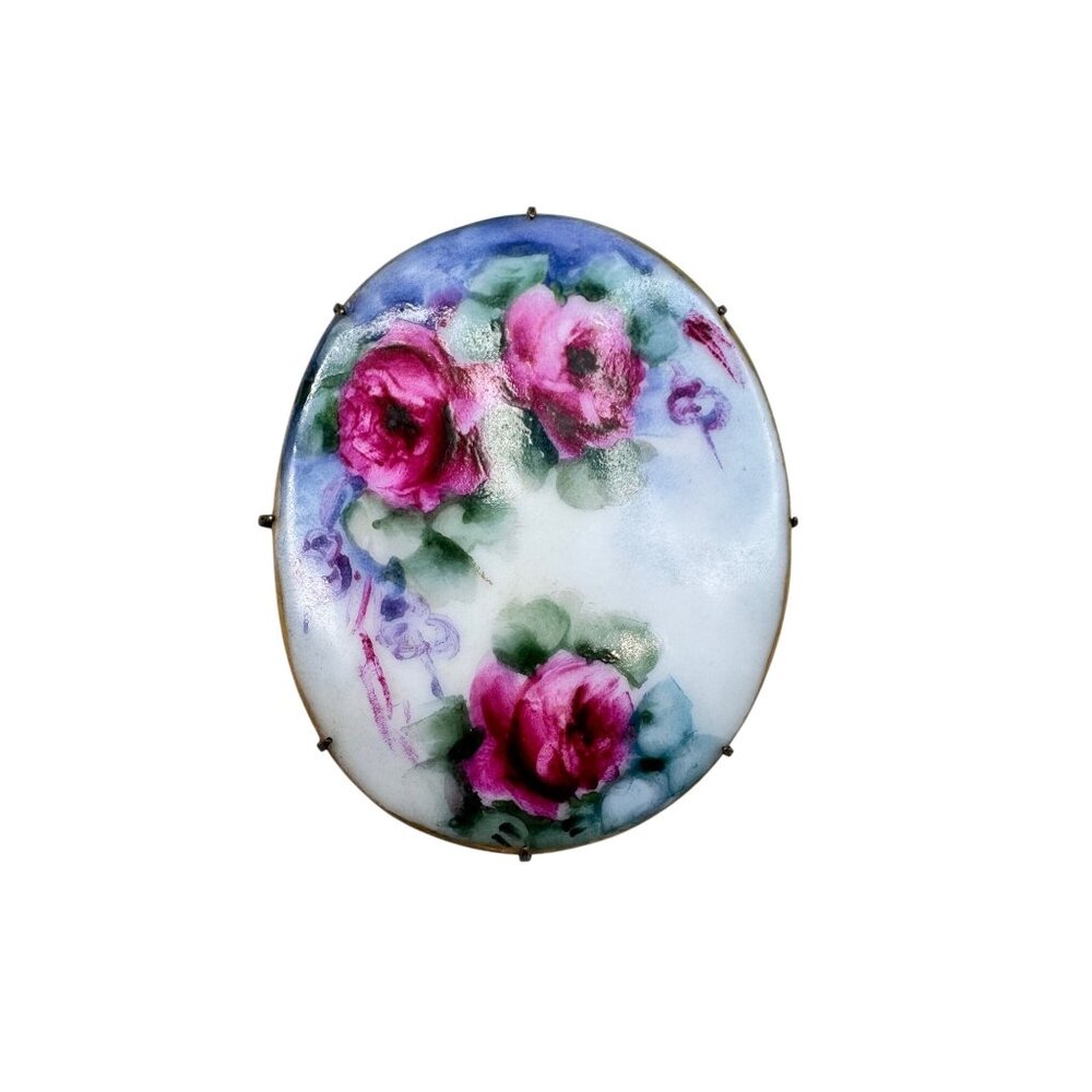 Unsigned Ceramic Brooch Hand Painted Roses Brass Victorian Antique